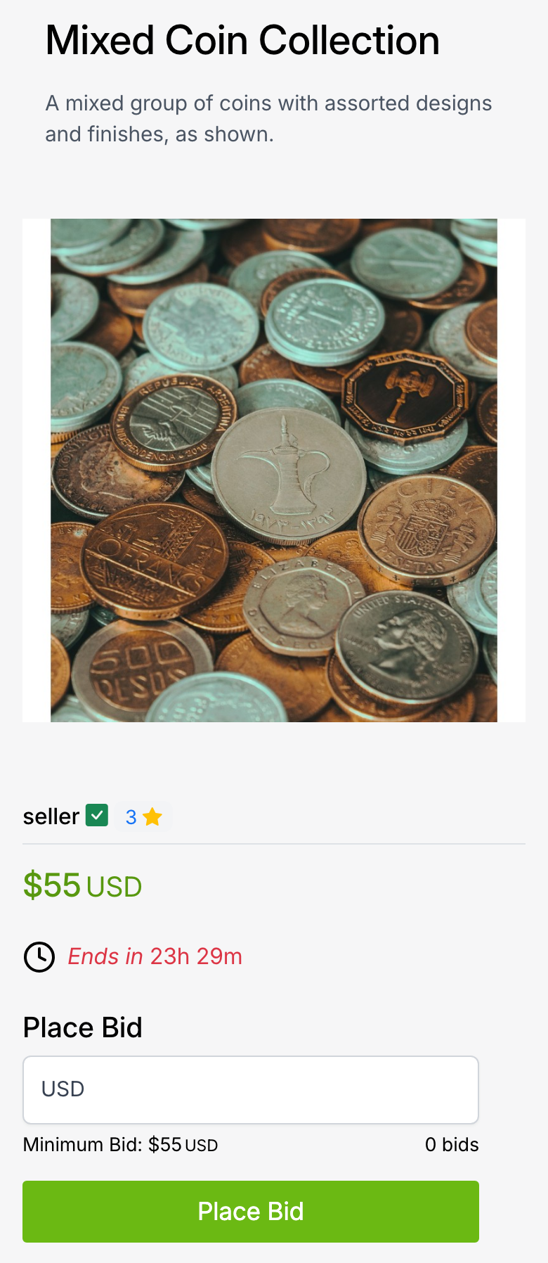 Mixed Coin Collection mobile auction showing the photo, price, bid amount field and Place Bid button