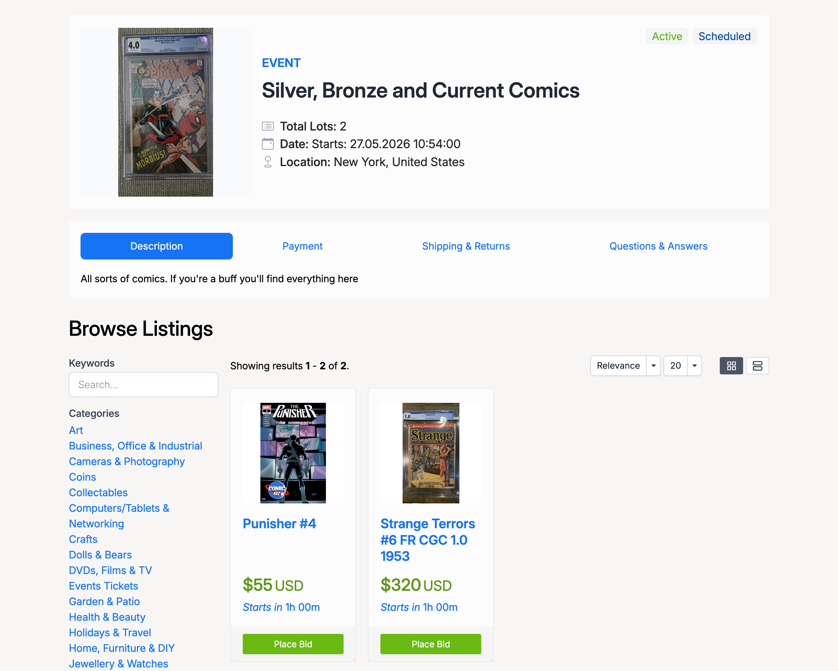 PHP Pro Bid auction event page listing multiple lots closing in sequence, each with its current bid and countdown timer
